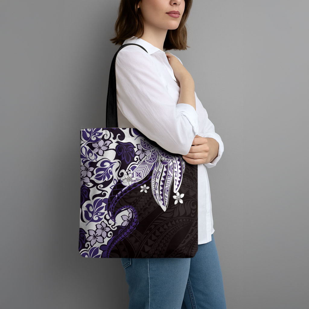 Monstera Plumeria Flowers Purple Tote Bag Polynesian Pattern