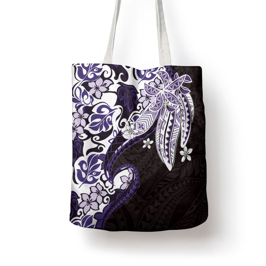 Monstera Plumeria Flowers Purple Tote Bag Polynesian Pattern