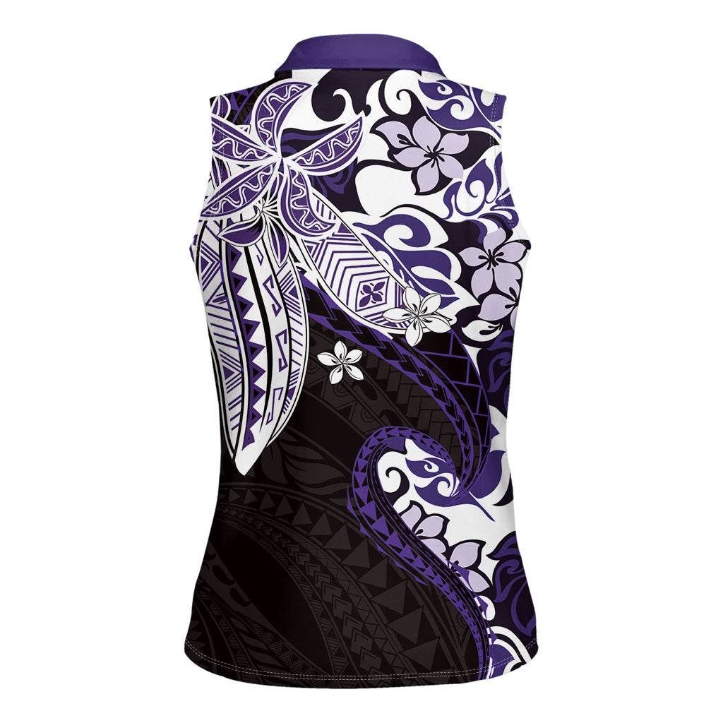 Monstera Plumeria Flowers Purple Women Sleeveless Polo Shirt Polynesian Pattern LT01 - Polynesian Pride
