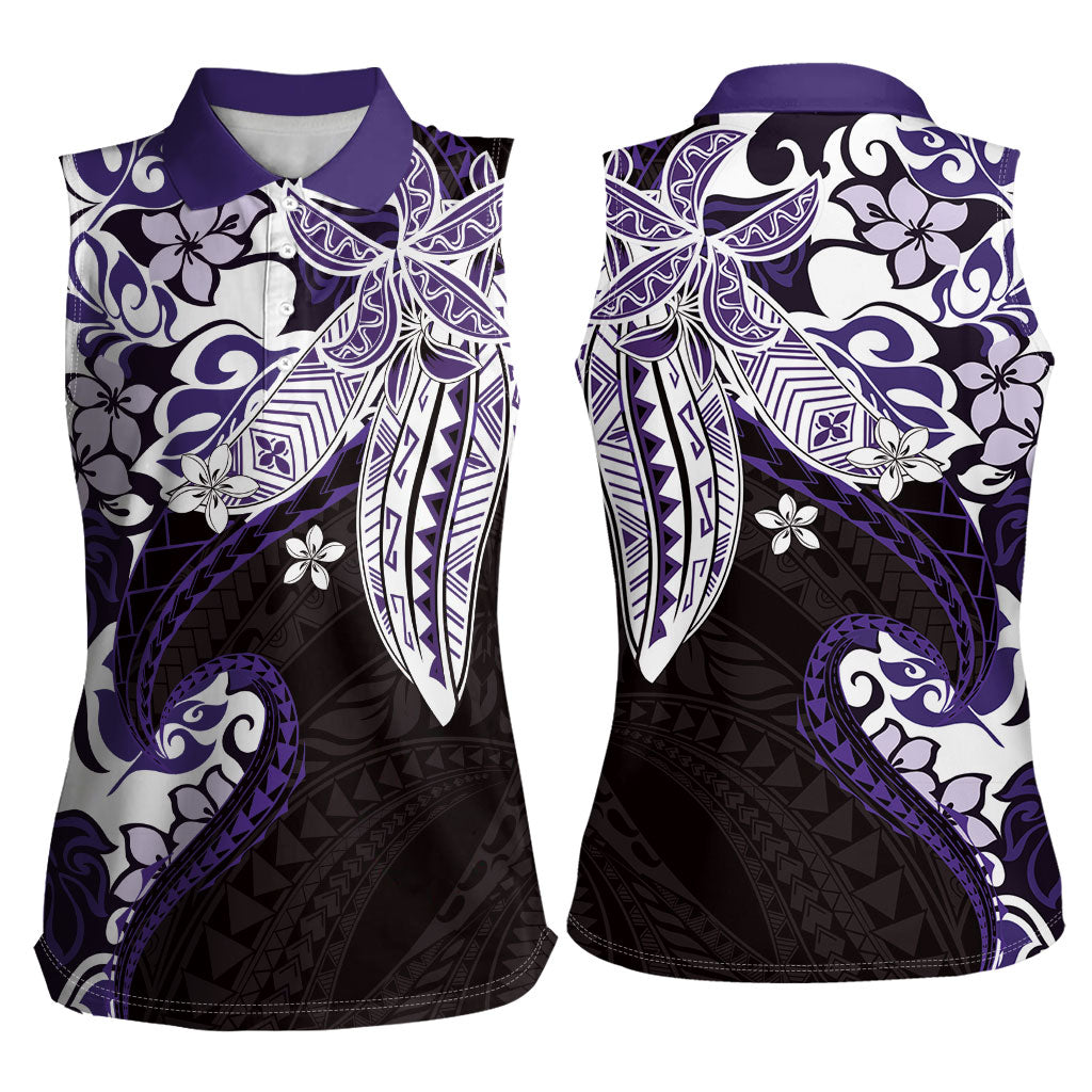 Monstera Plumeria Flowers Purple Women Sleeveless Polo Shirt Polynesian Pattern LT01 - Polynesian Pride