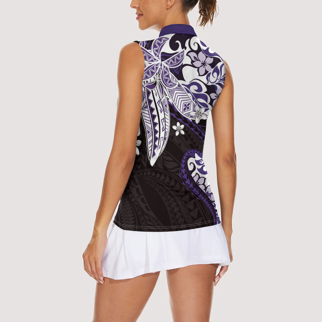 Monstera Plumeria Flowers Purple Women Sleeveless Polo Shirt Polynesian Pattern LT01 - Polynesian Pride