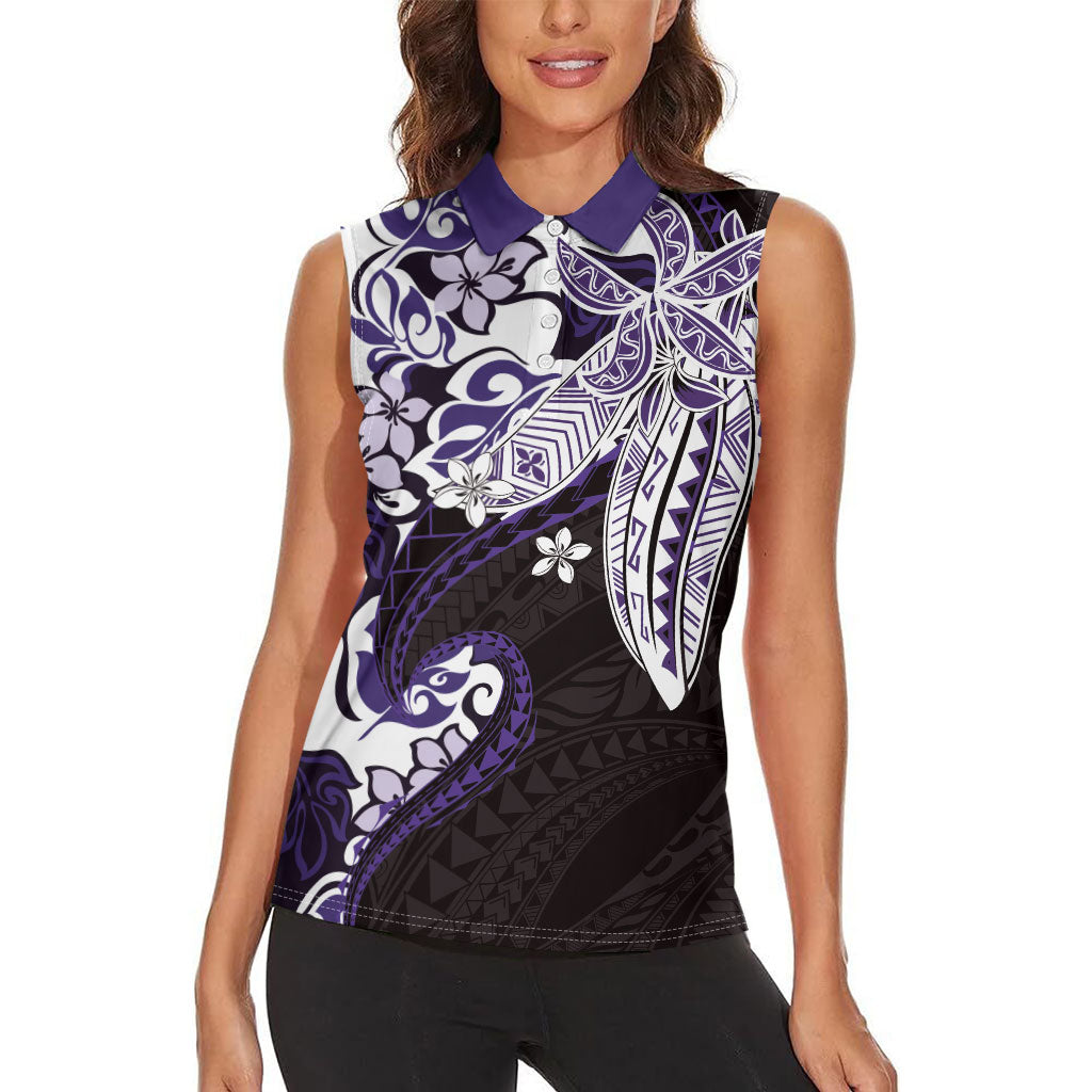Monstera Plumeria Flowers Purple Women Sleeveless Polo Shirt Polynesian Pattern LT01 - Polynesian Pride