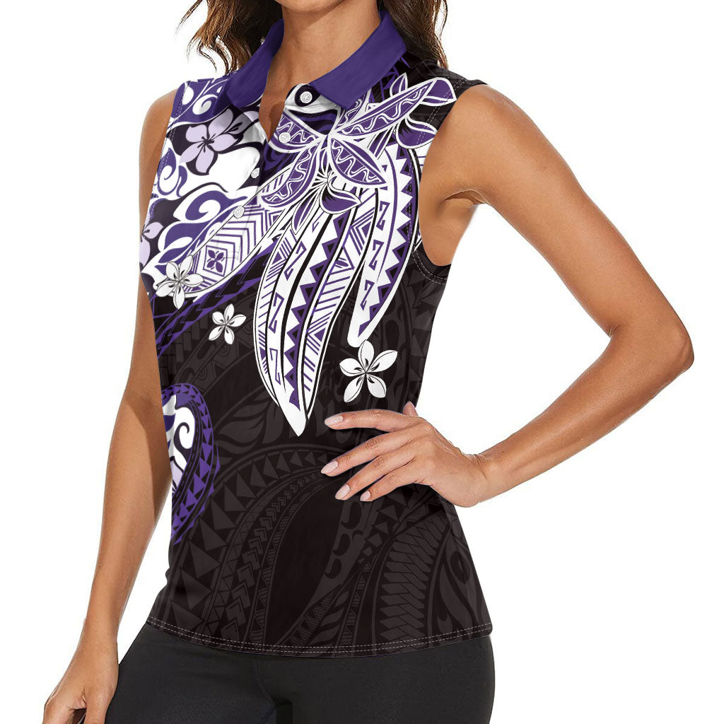 Monstera Plumeria Flowers Purple Women Sleeveless Polo Shirt Polynesian Pattern LT01 - Polynesian Pride