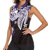 Monstera Plumeria Flowers Purple Women Sleeveless Polo Shirt Polynesian Pattern LT01 - Polynesian Pride