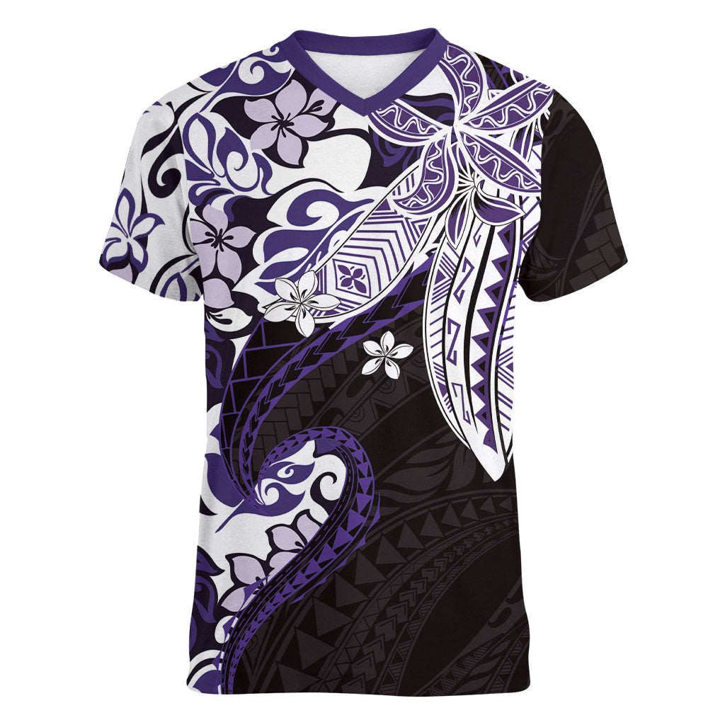 Monstera Plumeria Flowers Purple Women V-Neck T-Shirt Polynesian Pattern LT01 Female Purple - Polynesian Pride