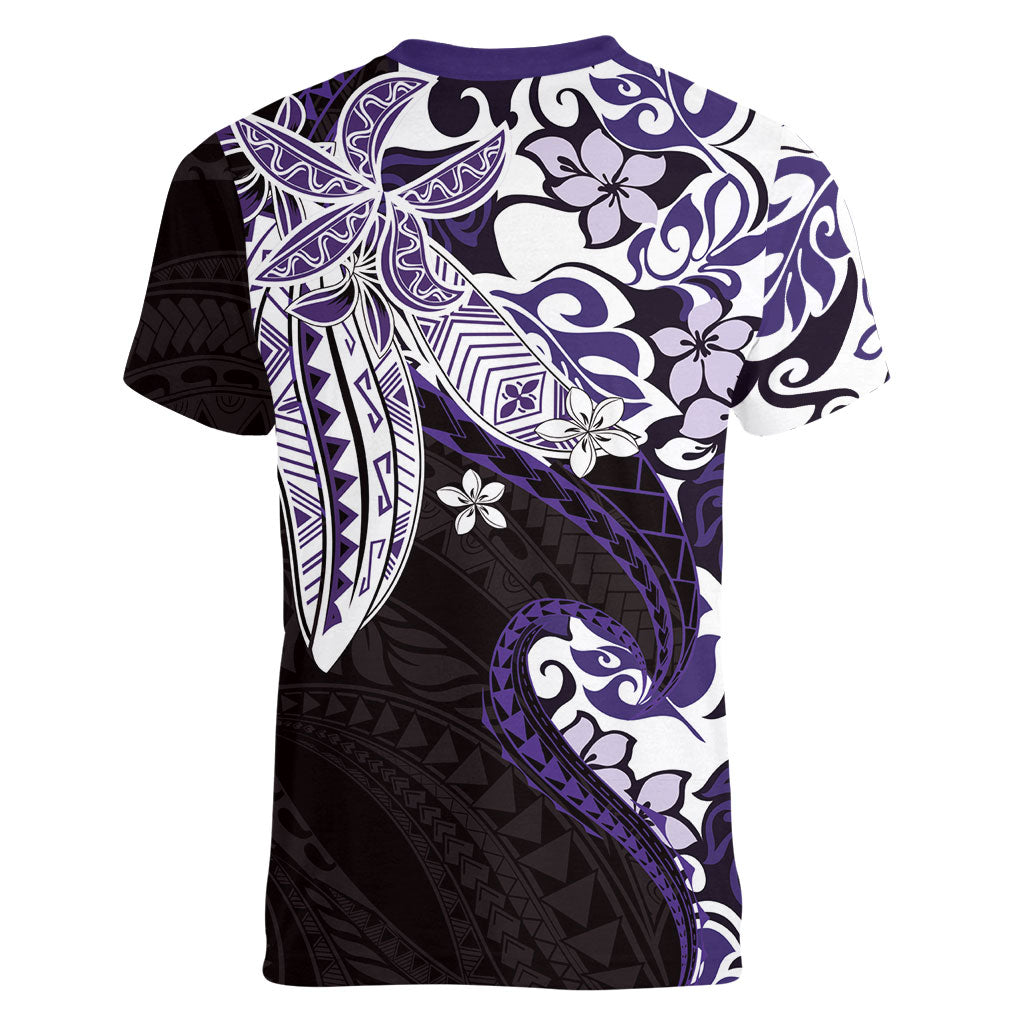 Monstera Plumeria Flowers Purple Women V-Neck T-Shirt Polynesian Pattern LT01 - Polynesian Pride