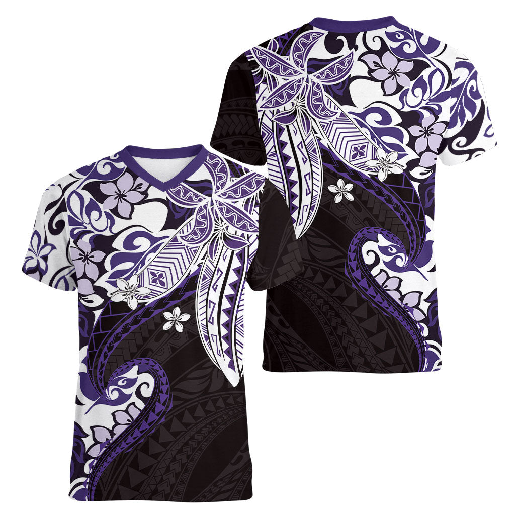 Monstera Plumeria Flowers Purple Women V-Neck T-Shirt Polynesian Pattern LT01 - Polynesian Pride