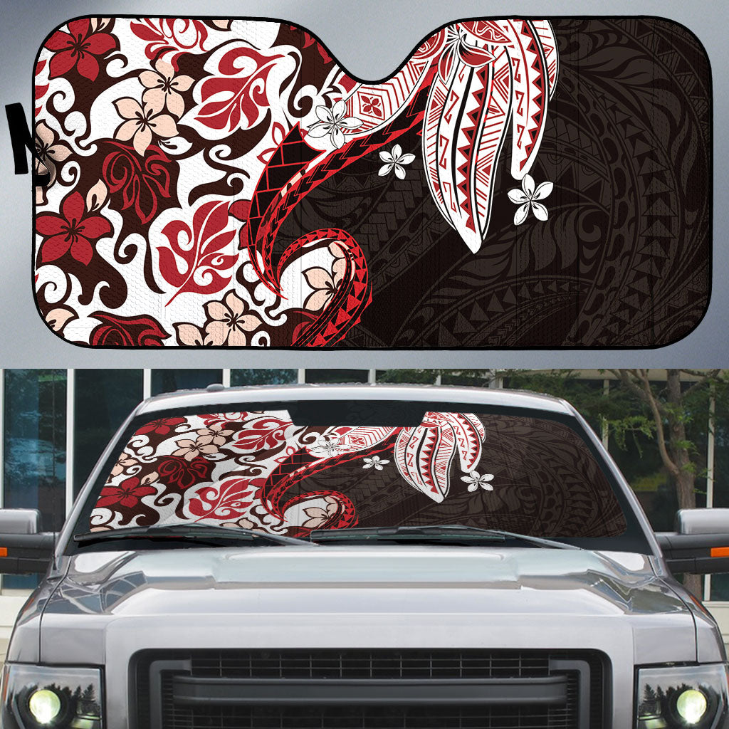 Monstera Plumeria Flowers Red Auto Sun Shade Polynesian Pattern LT01 Red - Polynesian Pride