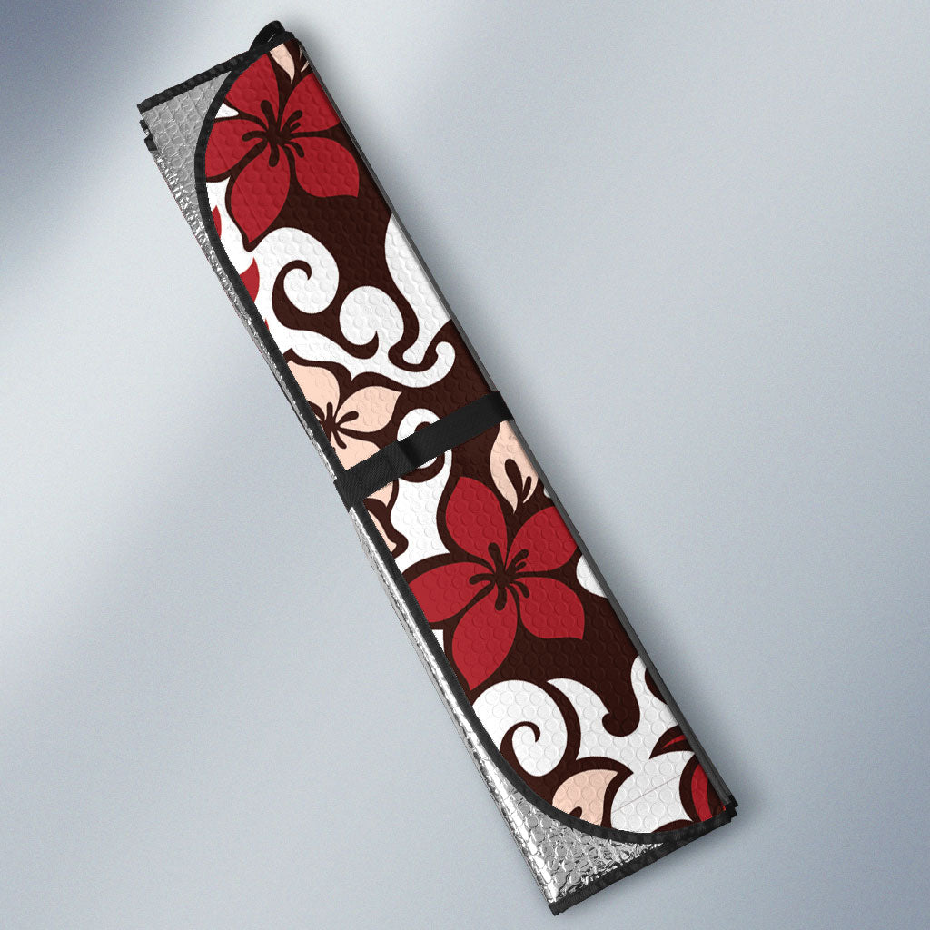 Monstera Plumeria Flowers Red Auto Sun Shade Polynesian Pattern LT01 - Polynesian Pride