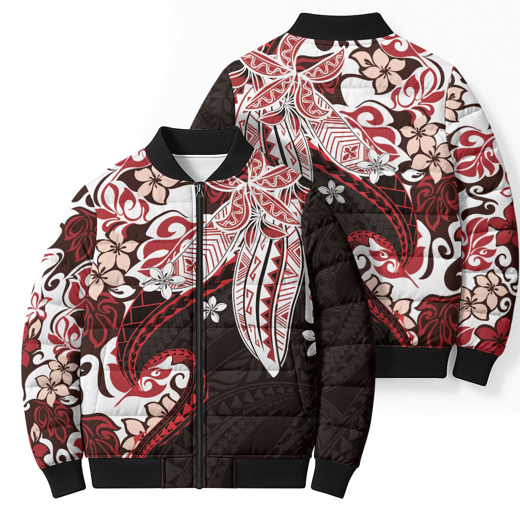 Monstera Plumeria Flowers Red Bomber Puffer Jacket Polynesian Pattern LT01 - Polynesian Pride