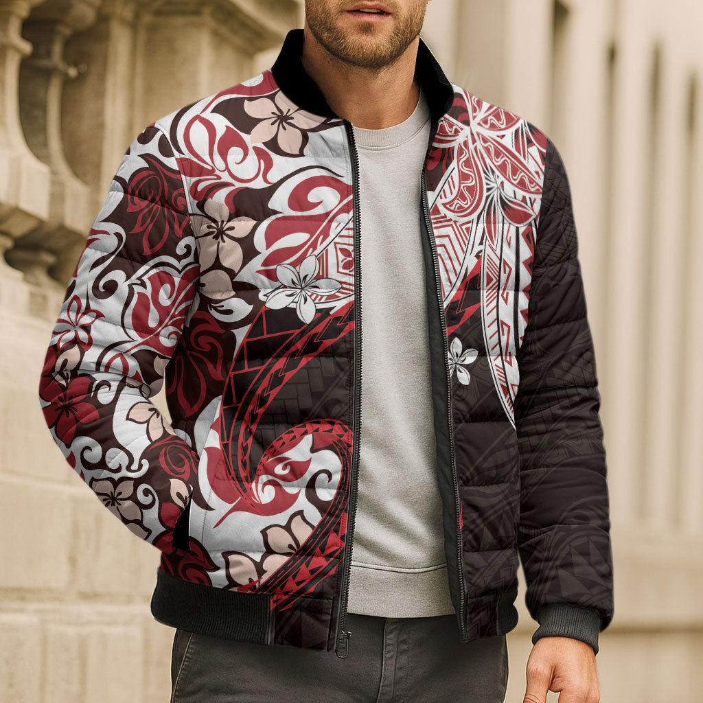 Monstera Plumeria Flowers Red Bomber Puffer Jacket Polynesian Pattern LT01 - Polynesian Pride