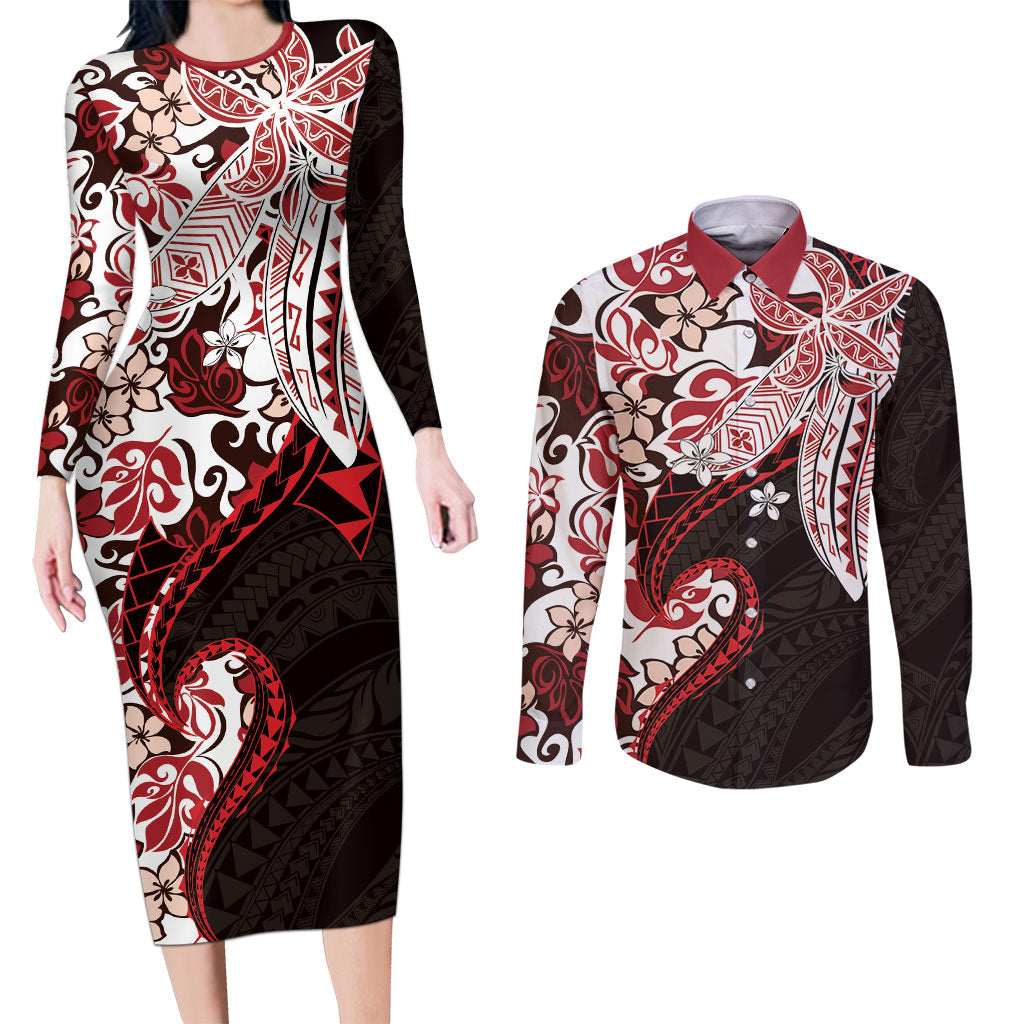 Monstera Plumeria Flowers Red Couples Matching Long Sleeve Bodycon Dress and Long Sleeve Button Shirt Polynesian Pattern LT01 Red - Polynesian Pride