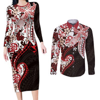 Monstera Plumeria Flowers Red Couples Matching Long Sleeve Bodycon Dress and Long Sleeve Button Shirt Polynesian Pattern LT01 Red - Polynesian Pride