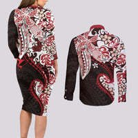 Monstera Plumeria Flowers Red Couples Matching Long Sleeve Bodycon Dress and Long Sleeve Button Shirt Polynesian Pattern LT01 - Polynesian Pride