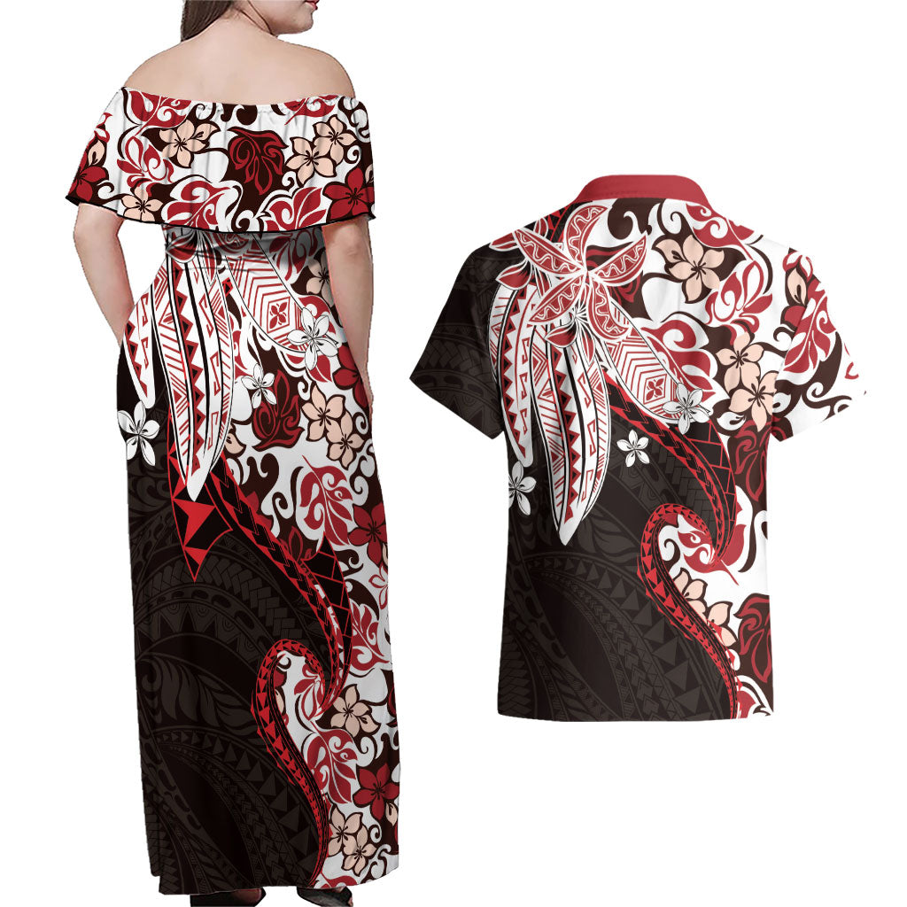 Monstera Plumeria Flowers Red Couples Matching Off Shoulder Maxi Dress and Hawaiian Shirt Polynesian Pattern LT01 - Polynesian Pride