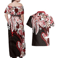 Monstera Plumeria Flowers Red Couples Matching Off Shoulder Maxi Dress and Hawaiian Shirt Polynesian Pattern LT01 - Polynesian Pride