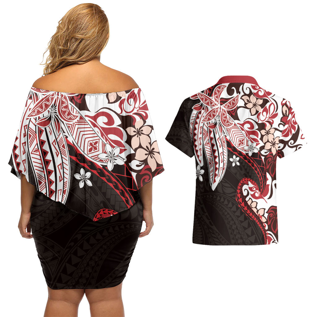 Monstera Plumeria Flowers Red Couples Matching Off Shoulder Short Dress and Hawaiian Shirt Polynesian Pattern LT01 - Polynesian Pride