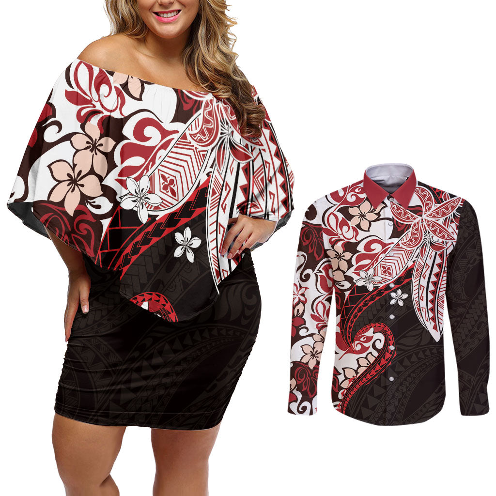 Monstera Plumeria Flowers Red Couples Matching Off Shoulder Short Dress and Long Sleeve Button Shirt Polynesian Pattern LT01 Red - Polynesian Pride
