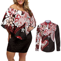 Monstera Plumeria Flowers Red Couples Matching Off Shoulder Short Dress and Long Sleeve Button Shirt Polynesian Pattern LT01 Red - Polynesian Pride