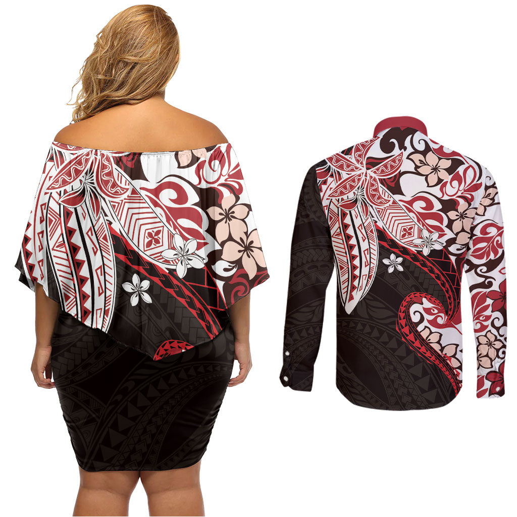 Monstera Plumeria Flowers Red Couples Matching Off Shoulder Short Dress and Long Sleeve Button Shirt Polynesian Pattern LT01 - Polynesian Pride