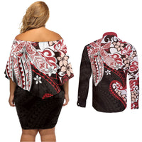 Monstera Plumeria Flowers Red Couples Matching Off Shoulder Short Dress and Long Sleeve Button Shirt Polynesian Pattern LT01 - Polynesian Pride