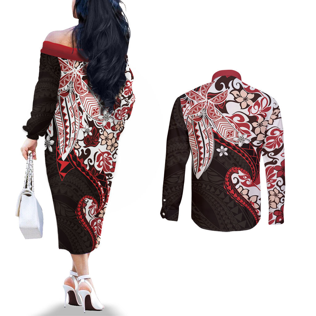 Monstera Plumeria Flowers Red Couples Matching Off The Shoulder Long Sleeve Dress and Long Sleeve Button Shirt Polynesian Pattern LT01 - Polynesian Pride