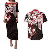 Monstera Plumeria Flowers Red Couples Matching Puletasi and Hawaiian Shirt Polynesian Pattern LT01 Red - Polynesian Pride