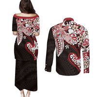 Monstera Plumeria Flowers Red Couples Matching Puletasi and Long Sleeve Button Shirt Polynesian Pattern LT01 - Polynesian Pride