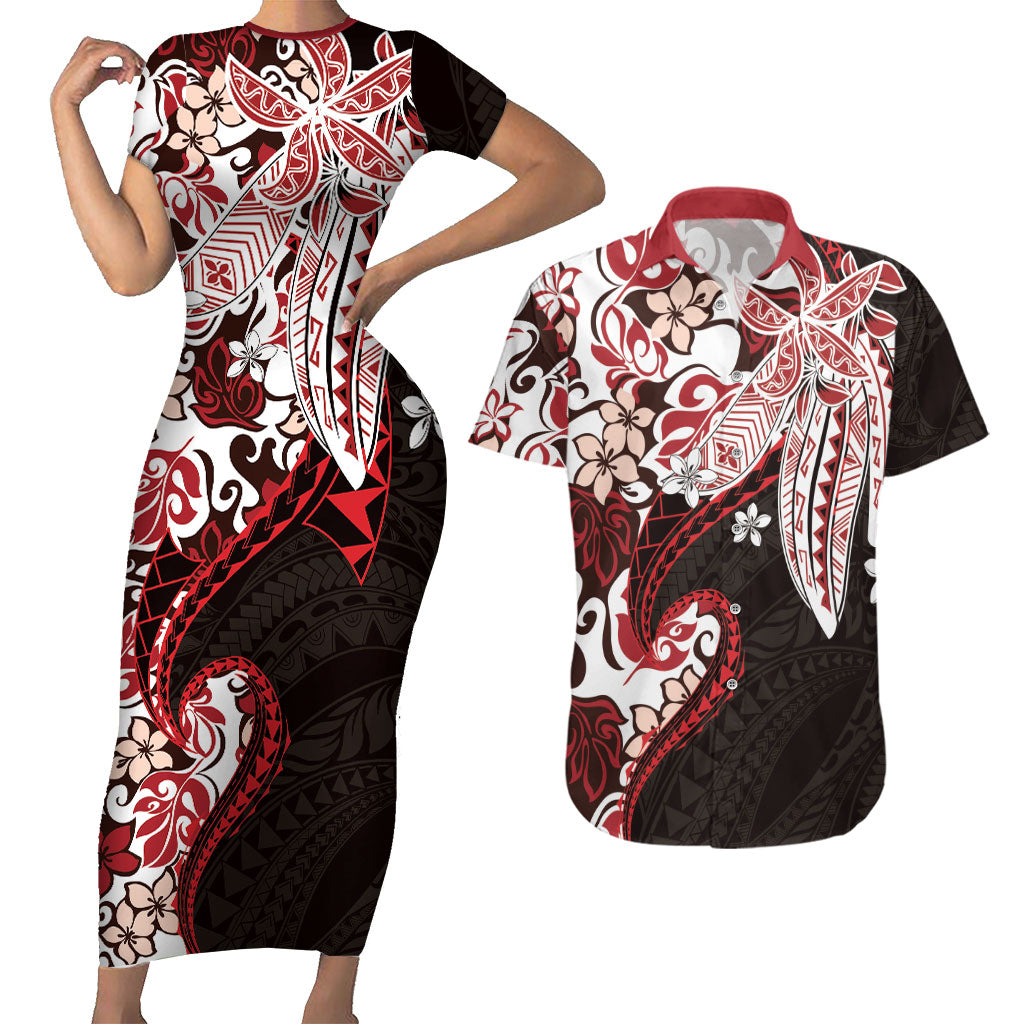 Monstera Plumeria Flowers Red Couples Matching Short Sleeve Bodycon Dress and Hawaiian Shirt Polynesian Pattern LT01 Red - Polynesian Pride