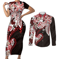 Monstera Plumeria Flowers Red Couples Matching Short Sleeve Bodycon Dress and Long Sleeve Button Shirt Polynesian Pattern LT01 Red - Polynesian Pride