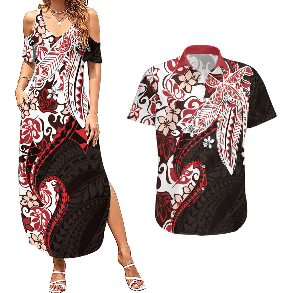 Monstera Plumeria Flowers Red Couples Matching Summer Maxi Dress and Hawaiian Shirt Polynesian Pattern LT01 Red - Polynesian Pride