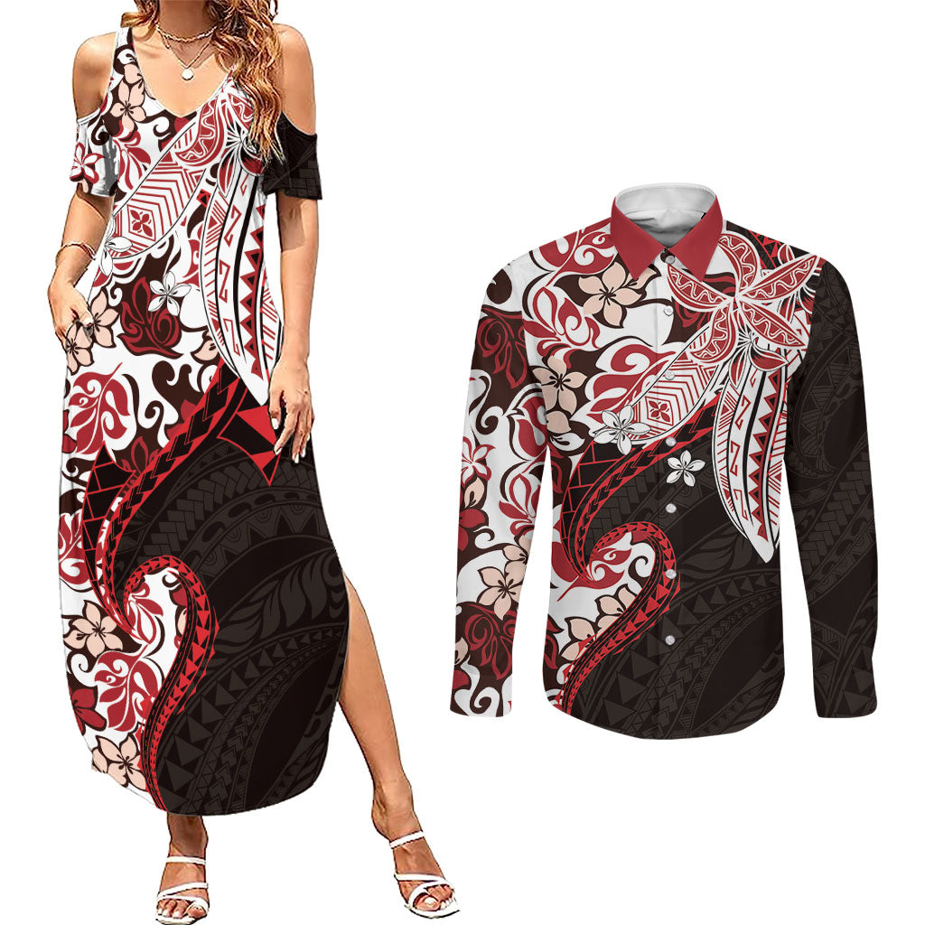 Monstera Plumeria Flowers Red Couples Matching Summer Maxi Dress and Long Sleeve Button Shirt Polynesian Pattern LT01 Red - Polynesian Pride