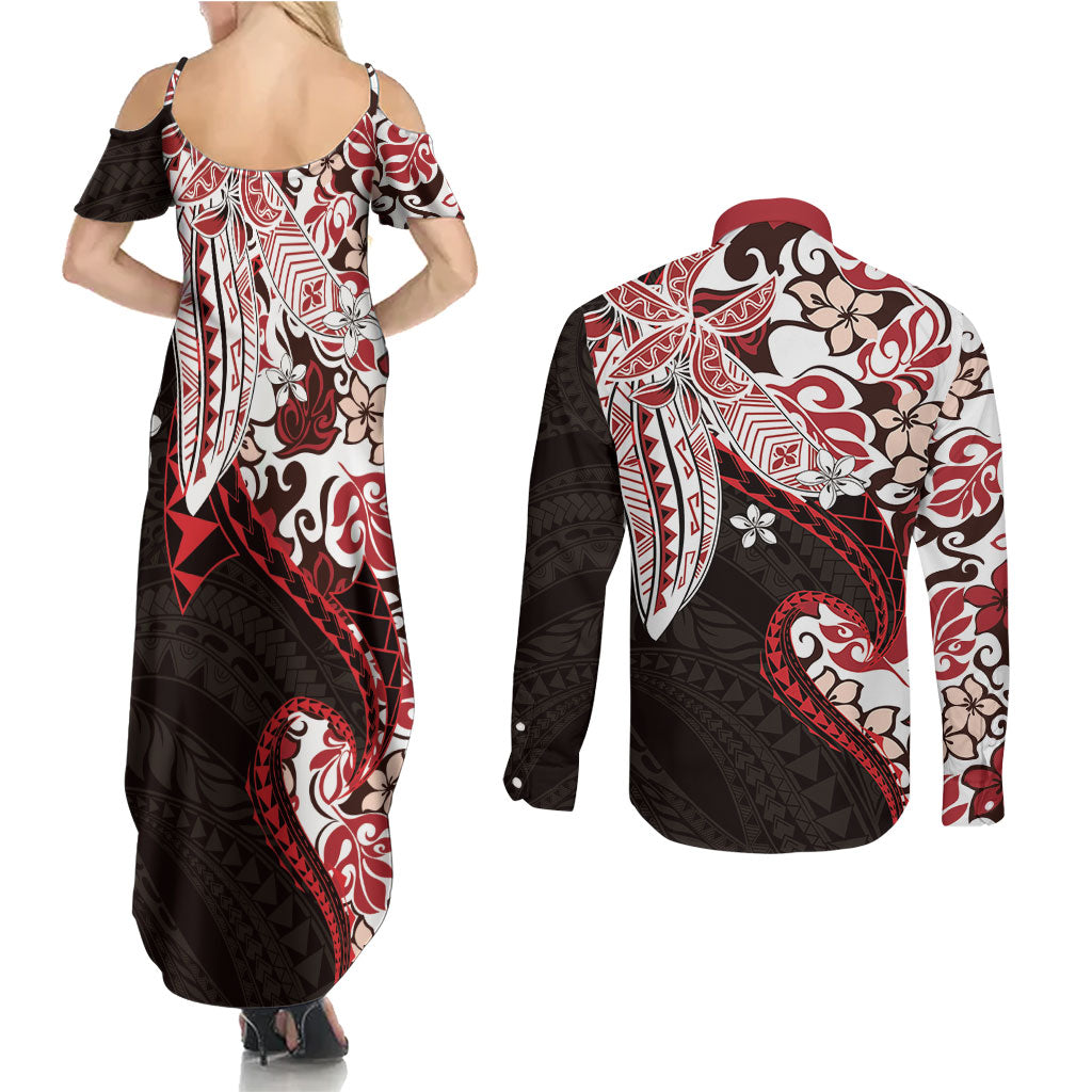 Monstera Plumeria Flowers Red Couples Matching Summer Maxi Dress and Long Sleeve Button Shirt Polynesian Pattern LT01 - Polynesian Pride