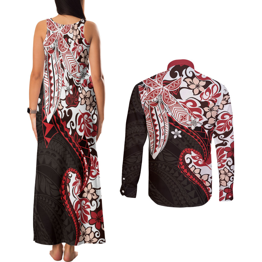Monstera Plumeria Flowers Red Couples Matching Tank Maxi Dress and Long Sleeve Button Shirt Polynesian Pattern LT01 - Polynesian Pride