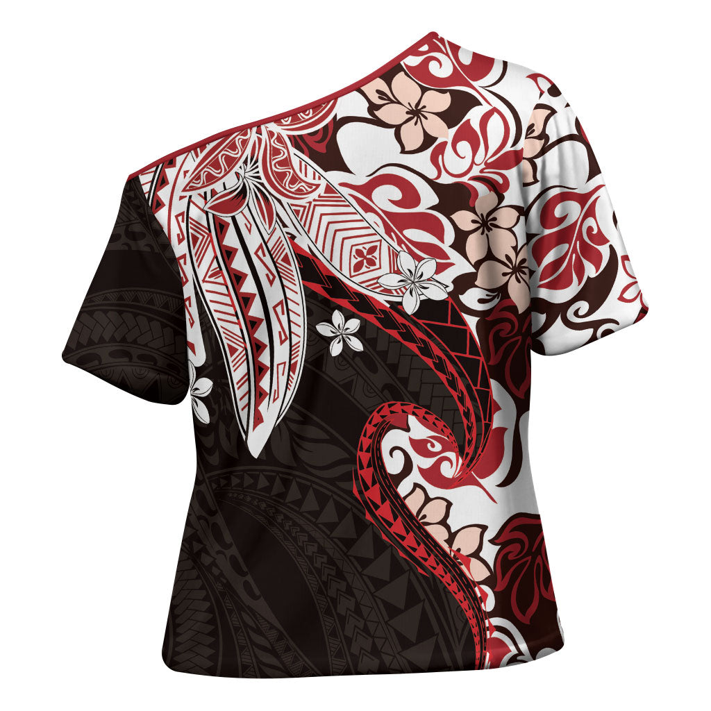 Monstera Plumeria Flowers Red Cross Shoulder Shirt Polynesian Pattern LT01 - Polynesian Pride