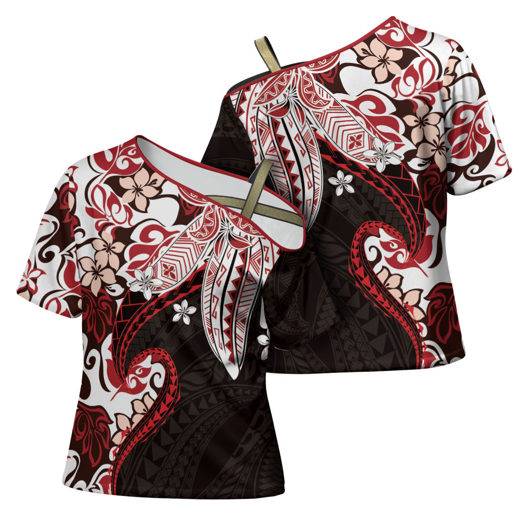 Monstera Plumeria Flowers Red Cross Shoulder Shirt Polynesian Pattern LT01 - Polynesian Pride