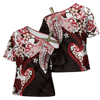 Monstera Plumeria Flowers Red Cross Shoulder Shirt Polynesian Pattern LT01 - Polynesian Pride