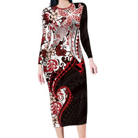 Monstera Plumeria Flowers Red Family Matching Long Sleeve Bodycon Dress and Hawaiian Shirt Polynesian Pattern