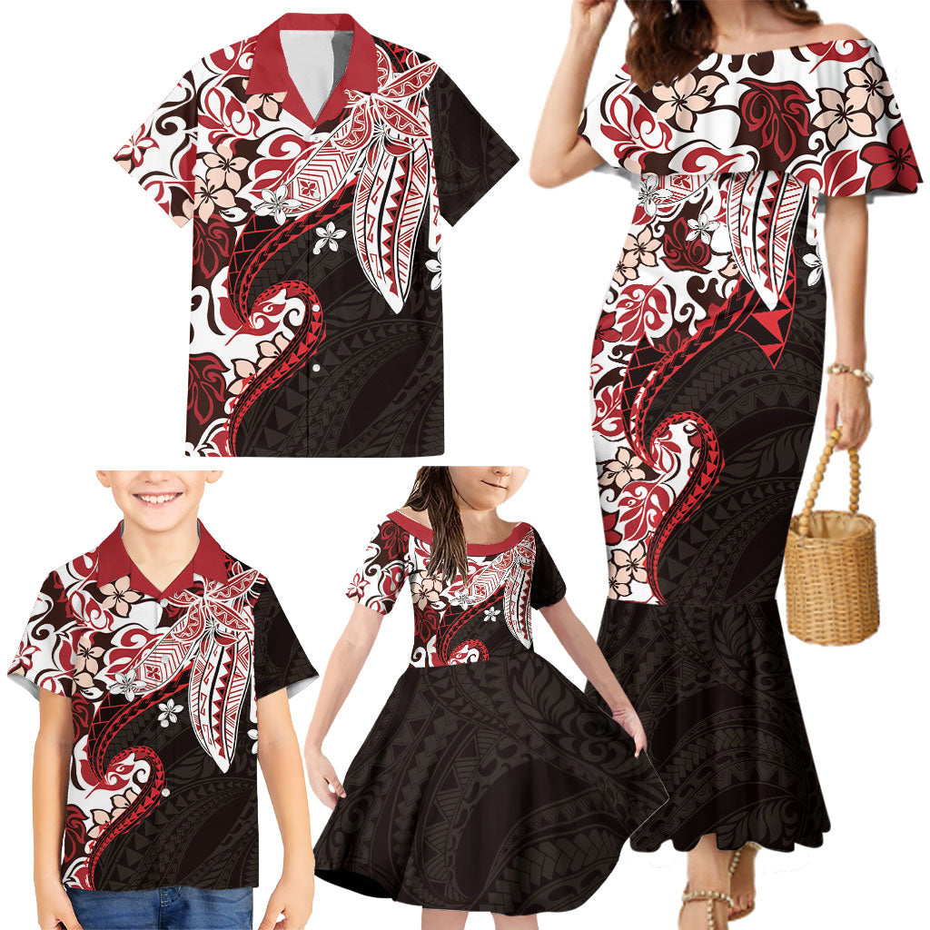 Monstera Plumeria Flowers Red Family Matching Mermaid Dress and Hawaiian Shirt Polynesian Pattern LT01 - Polynesian Pride