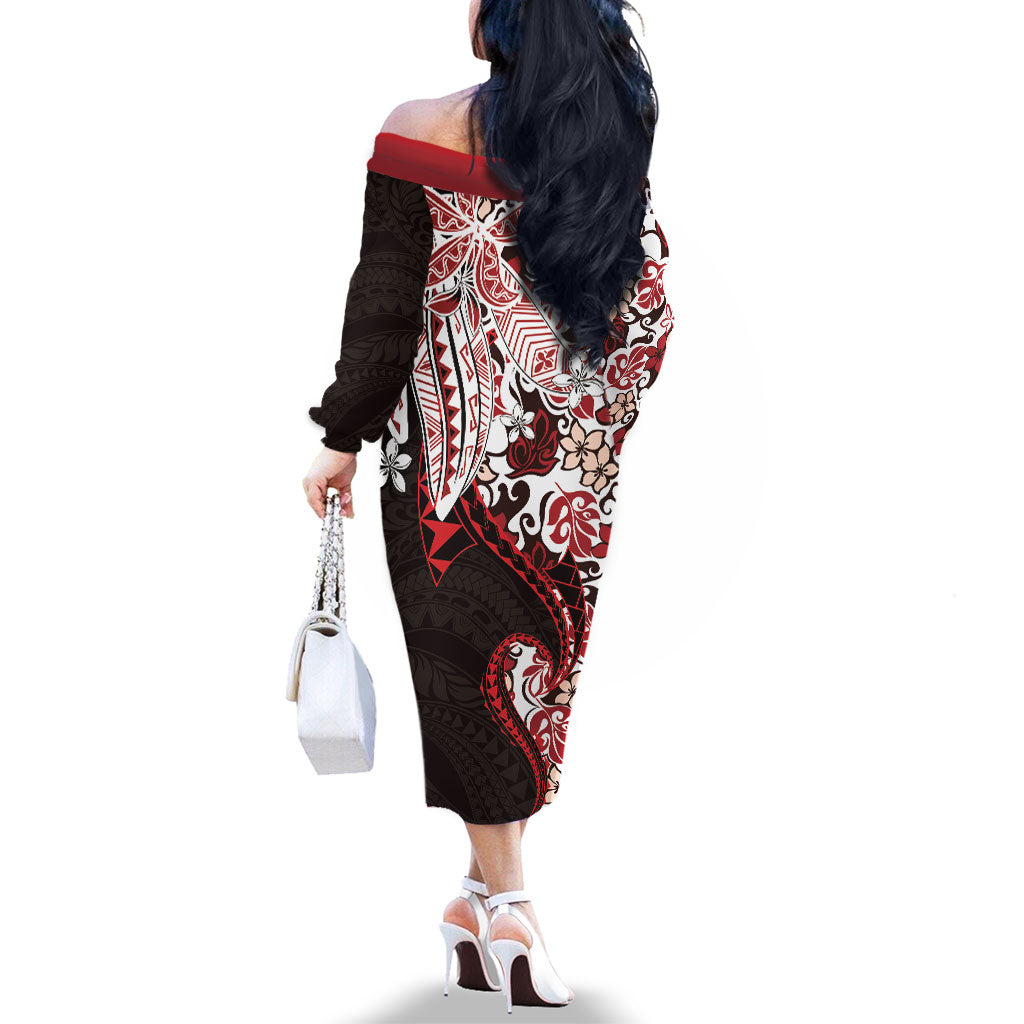 Monstera Plumeria Flowers Red Family Matching Off The Shoulder Long Sleeve Dress and Hawaiian Shirt Polynesian Pattern