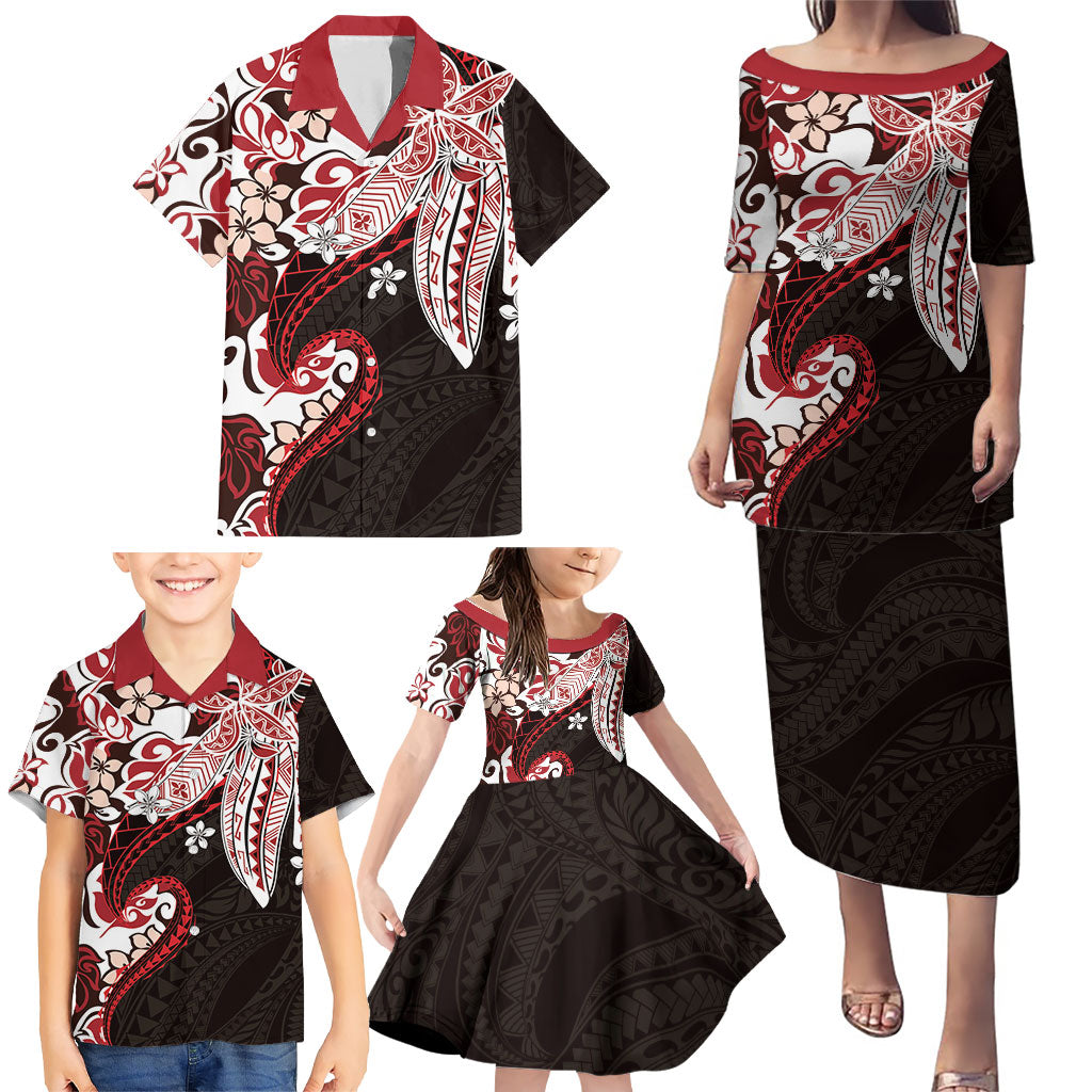 Monstera Plumeria Flowers Red Family Matching Puletasi and Hawaiian Shirt Polynesian Pattern LT01 - Polynesian Pride