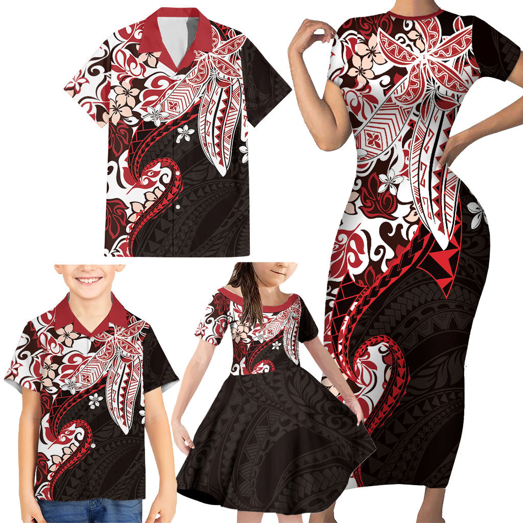 Monstera Plumeria Flowers Red Family Matching Short Sleeve Bodycon Dress and Hawaiian Shirt Polynesian Pattern