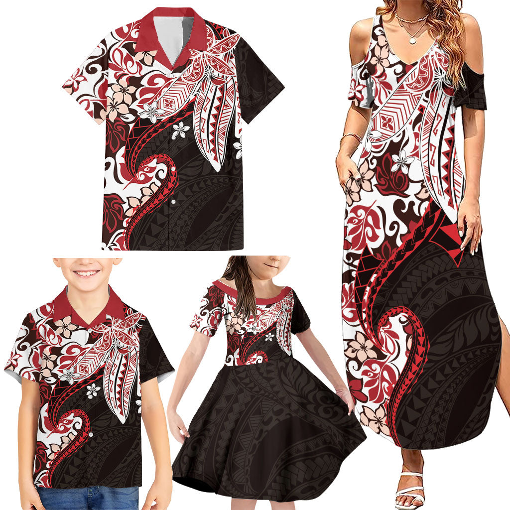 Monstera Plumeria Flowers Red Family Matching Summer Maxi Dress and Hawaiian Shirt Polynesian Pattern LT01 - Polynesian Pride