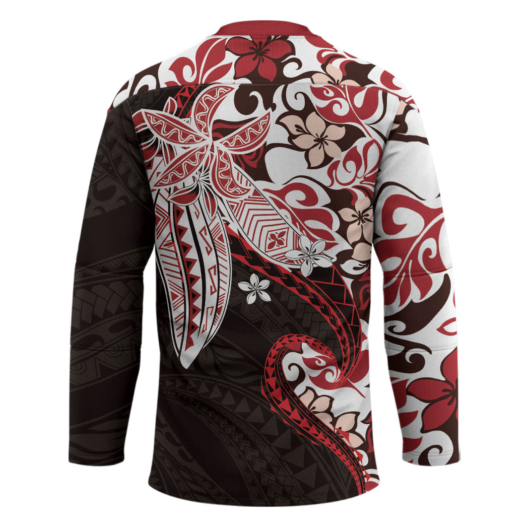 Monstera Plumeria Flowers Red Hockey Jersey Polynesian Pattern LT01 - Polynesian Pride