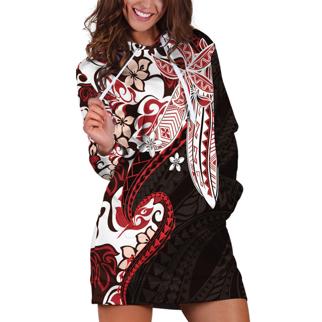 Monstera Plumeria Flowers Red Hoodie Dress Polynesian Pattern LT01 Red - Polynesian Pride