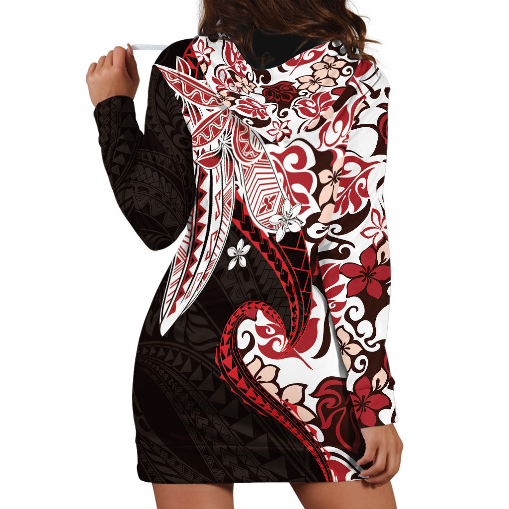Monstera Plumeria Flowers Red Hoodie Dress Polynesian Pattern LT01 - Polynesian Pride