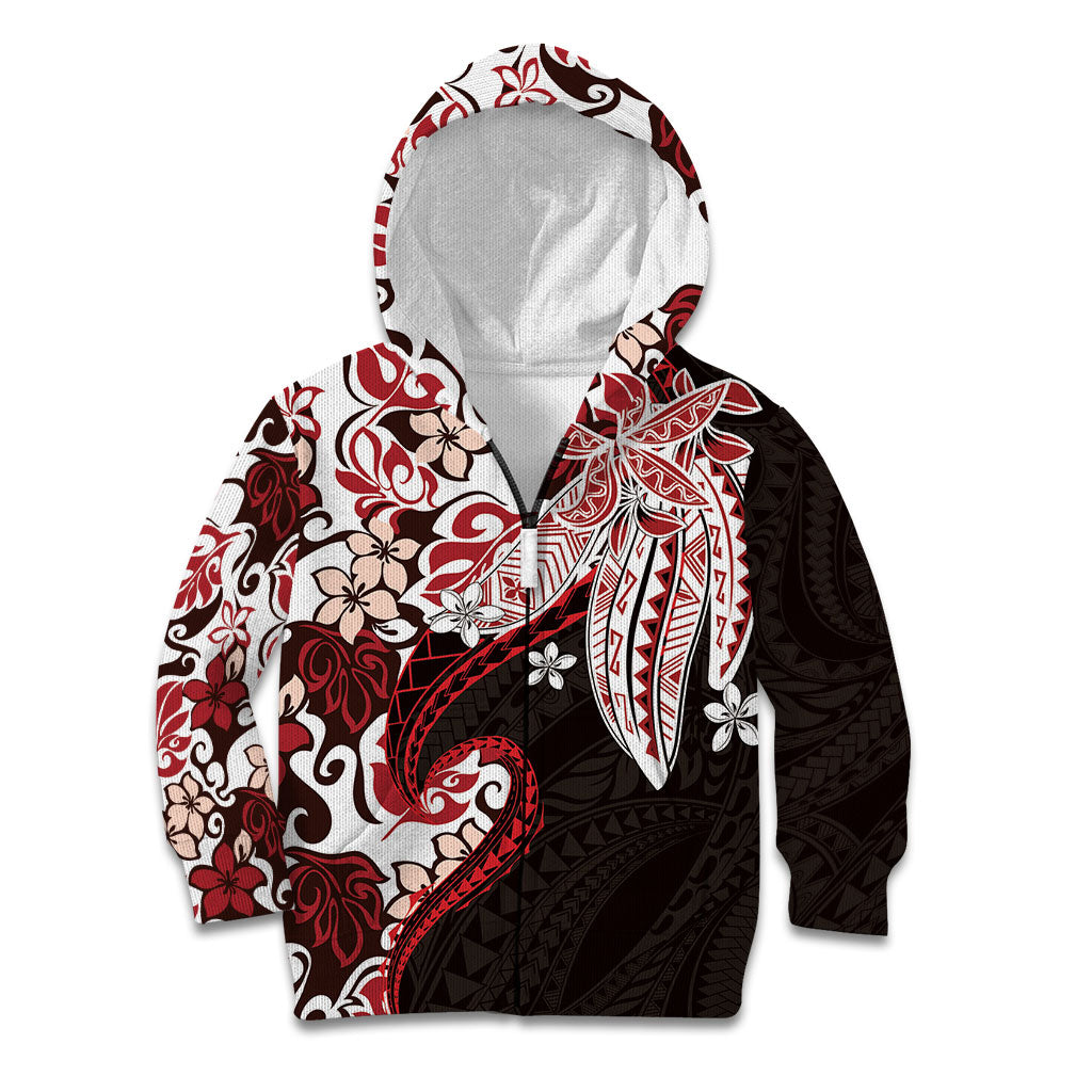 Monstera Plumeria Flowers Red Kid Hoodie Polynesian Pattern LT01 Zip Hoodie Red - Polynesian Pride