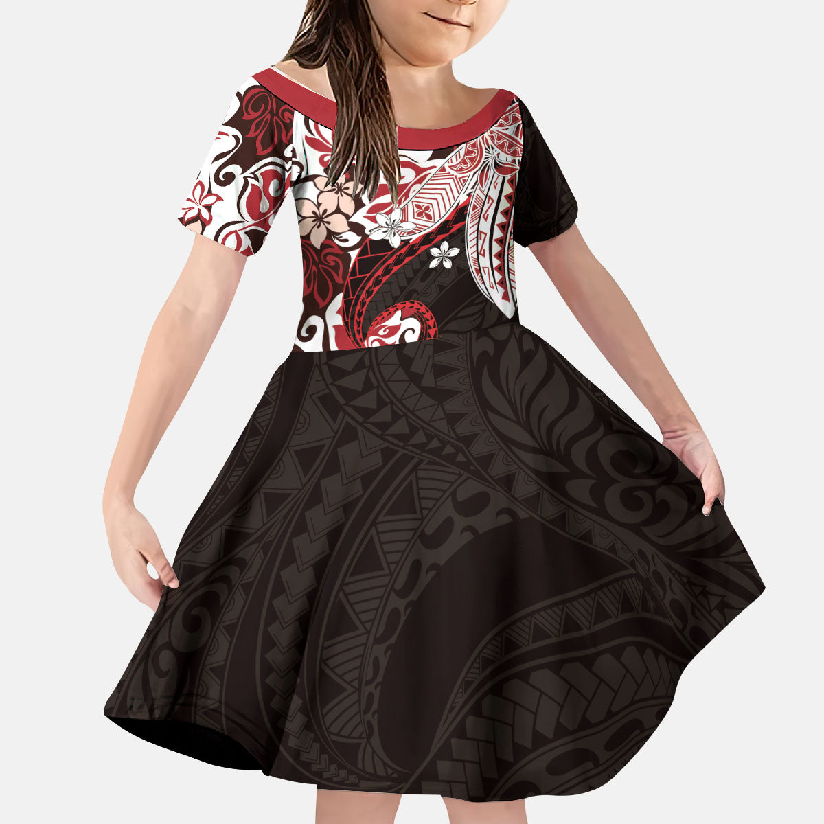 Monstera Plumeria Flowers Red Kid Short Sleeve Dress Polynesian Pattern