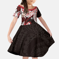Monstera Plumeria Flowers Red Kid Short Sleeve Dress Polynesian Pattern