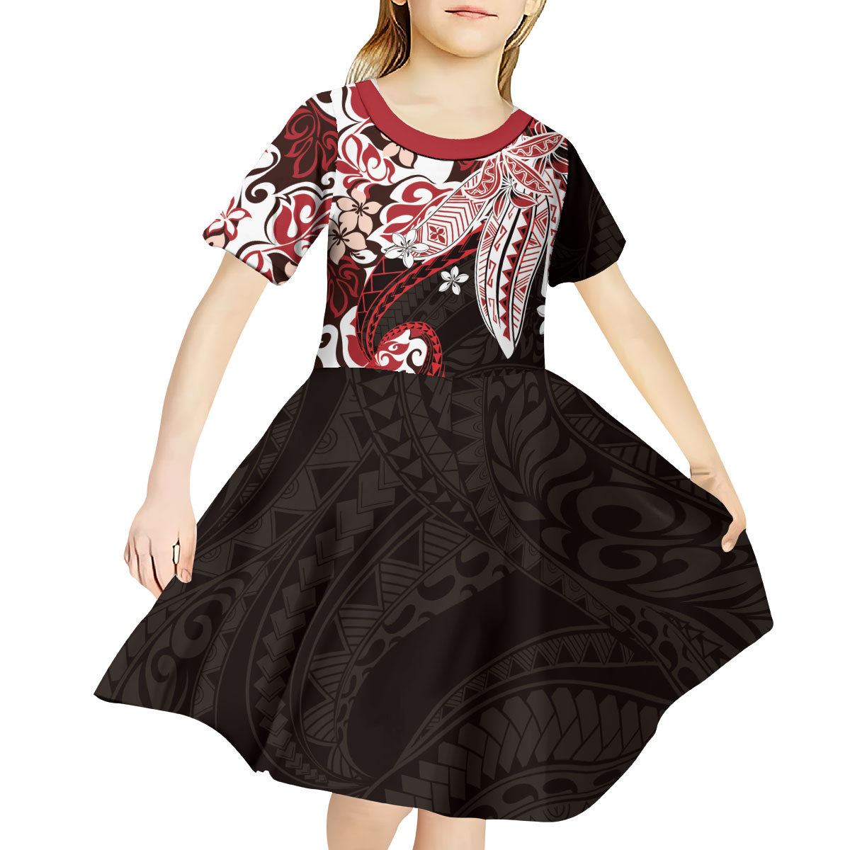 Monstera Plumeria Flowers Red Kid Short Sleeve Dress Polynesian Pattern